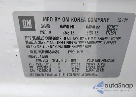 2022 Chevrolet Trax Fwd Ls из США, поврежденный, VIN KL7CJKSM9NB544656